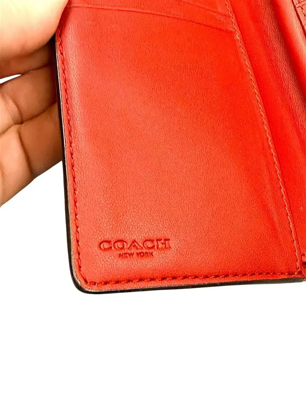 Coach Signature Medium Corner Zip Wallet Brown Canvas Red Leather Trim Gold Tone